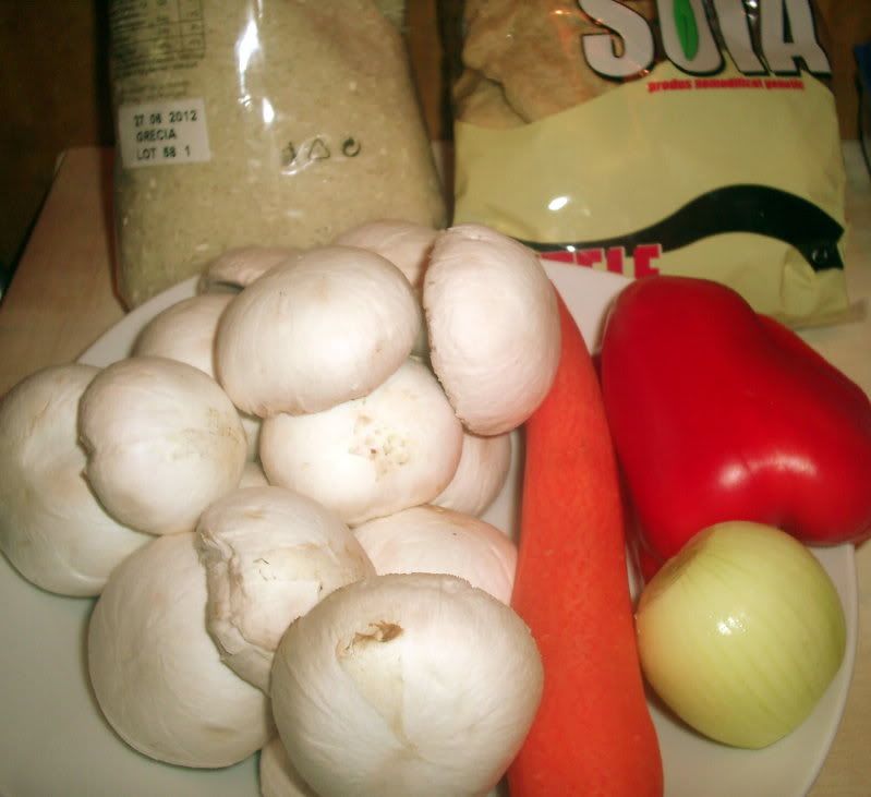 Arome si culori Orez cu legume, snitele de soia si ciuperci pane